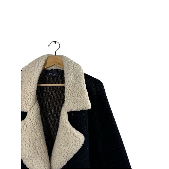 ZARA Knit Black Long Sleeve Faux Sherpa Collared Sweater Size L Open Pockets - Picture 7 of 13